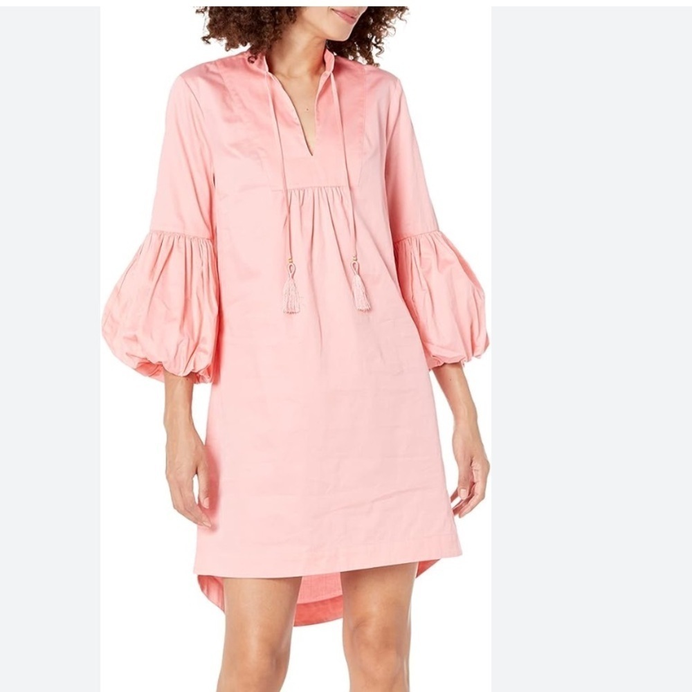 Trina Turk Peach Organic Cotton Babydoll Puff Sleeve Tassel Lined Hi Low Dress M